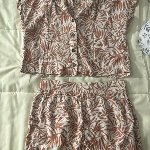 Monteau Rust and Cream Tropical Print Button-Front Set